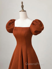 A-Line Puff Sleeves Satin Long Evening Prom Dress, Long Evening Dress