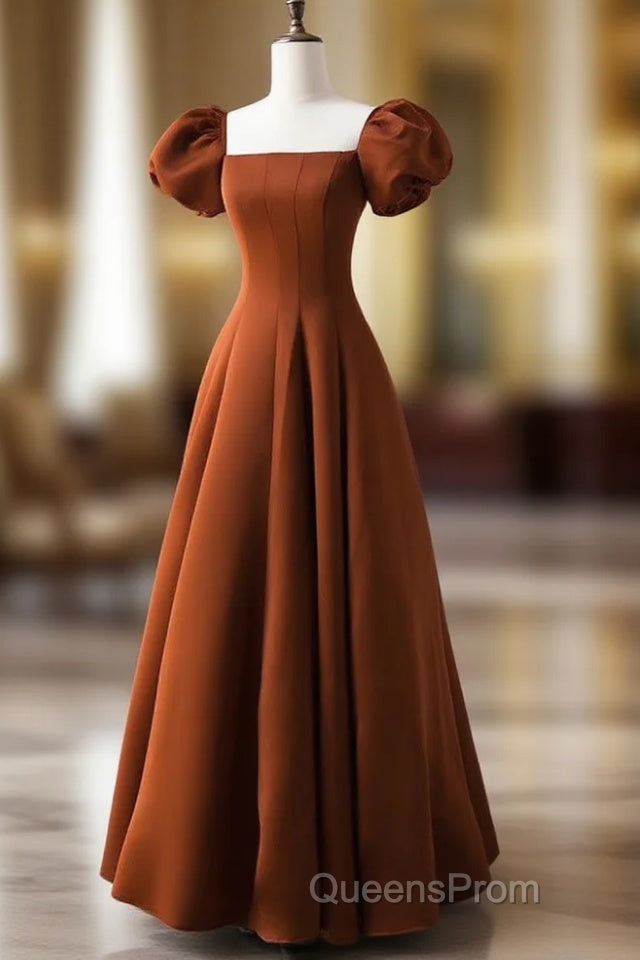 A-Line Puff Sleeves Satin Long Evening Prom Dress, Long Evening Dress Main image