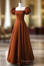 A-Line Puff Sleeves Satin Long Evening Prom Dress, Long Evening Dress