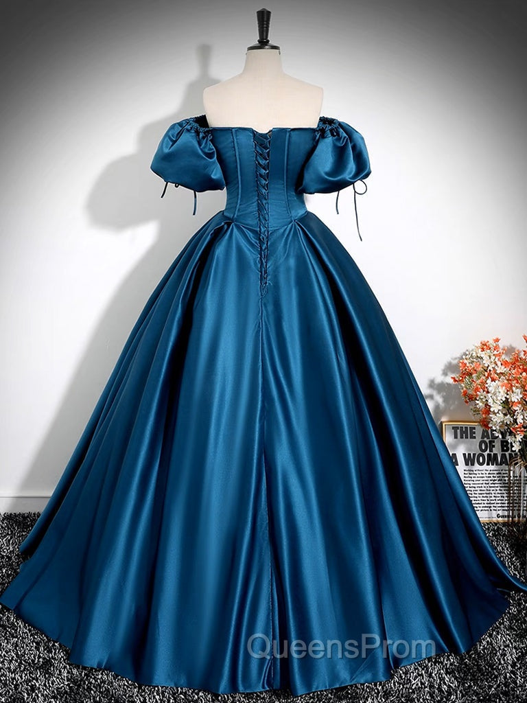A-Line Puff Sleeves Satin Peacock Blue Long Evening Prom Dress, Peacock Blue Long Evening Dress