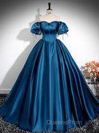 A-Line Puff Sleeves Satin Peacock Blue Long Evening Prom Dress, Peacock Blue Long Evening Dress