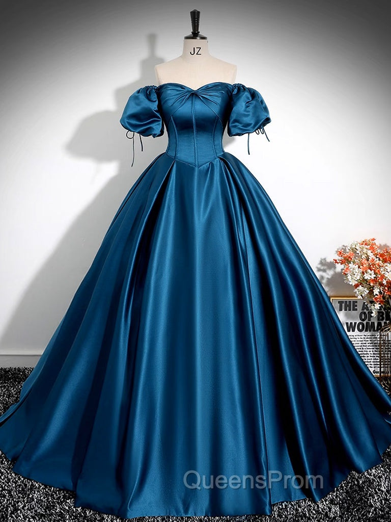 A-Line Puff Sleeves Satin Peacock Blue Long Evening Prom Dress, Peacock Blue Long Evening Dress