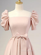 A-Line Puff Sleeves Satin Pink Long Evening Prom Dress, Pink Long Bridesmaid Dress