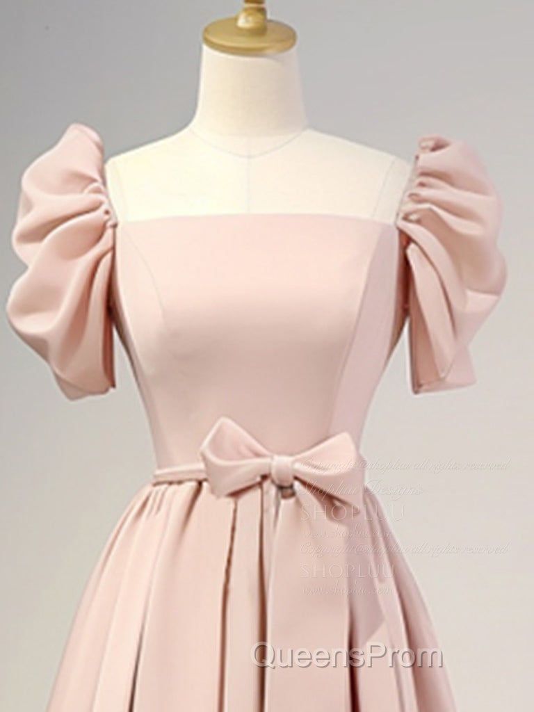 A-Line Puff Sleeves Satin Pink Long Evening Prom Dress, Pink Long Bridesmaid Dress