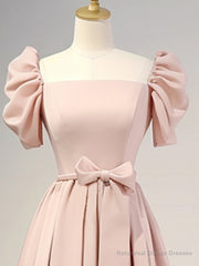 A-Line Puff Sleeves Satin Pink Long Prom Dress, Pink Long Bridesmaid Dress