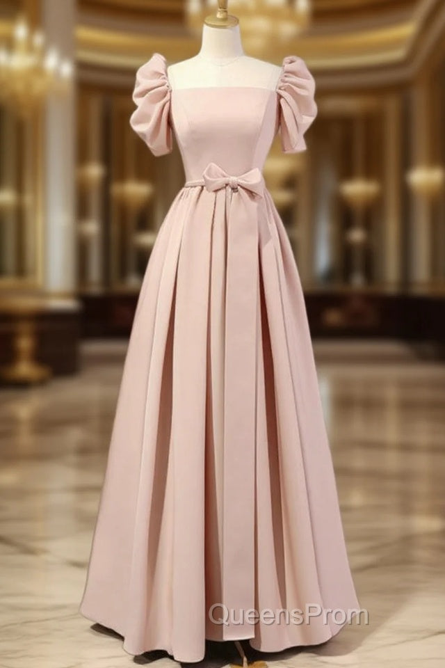 A-Line Puff Sleeves Satin Pink Long Evening Prom Dress, Pink Long Bridesmaid Dress Main image
