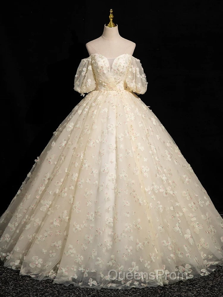 A-Line Puff Sleeves Tulle Lace Champagne Long Evening Prom Dress, Champagne Formal Dress Secondary image