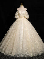 A-Line Puff Sleeves Tulle Lace Champagne Long Evening Prom Dress, Champagne Formal Dress