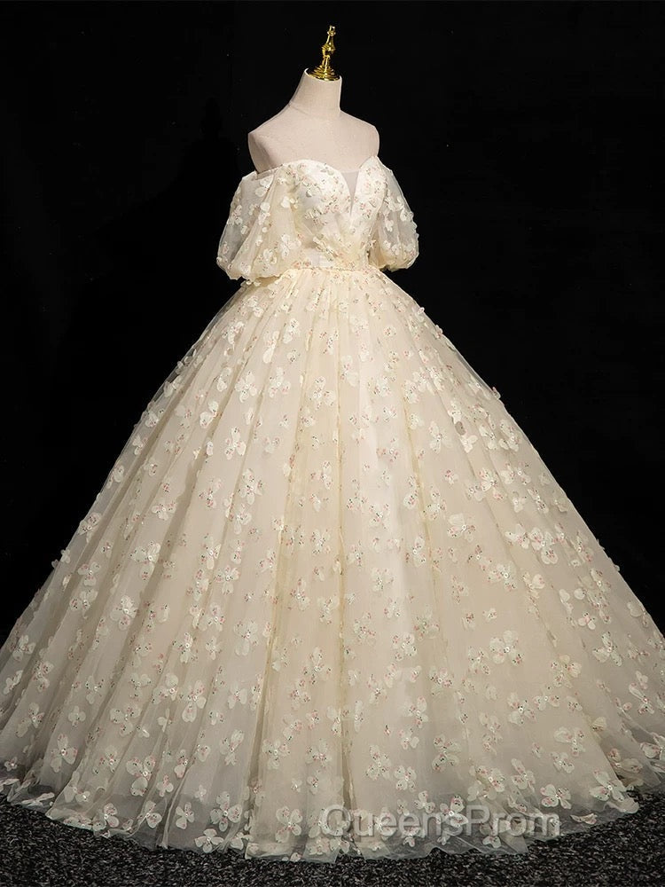 A-Line Puff Sleeves Tulle Lace Champagne Long Evening Prom Dress, Champagne Formal Dress