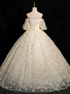 A-Line Puff Sleeves Tulle Lace Champagne Long Evening Prom Dress, Champagne Formal Dress