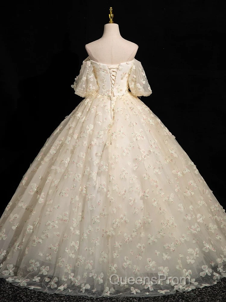 A-Line Puff Sleeves Tulle Lace Champagne Long Evening Prom Dress, Champagne Formal Dress
