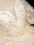 A-Line Puff Sleeves Tulle Lace Champagne Long Evening Prom Dress, Champagne Formal Dress