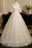 A-Line Puff Sleeves Tulle Lace Champagne Long Evening Prom Dress, Champagne Formal Dress