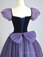 A-Line Puff Sleeves Tulle Velvet Purple Long Evening Prom Dress, Purple Long Formal Dress