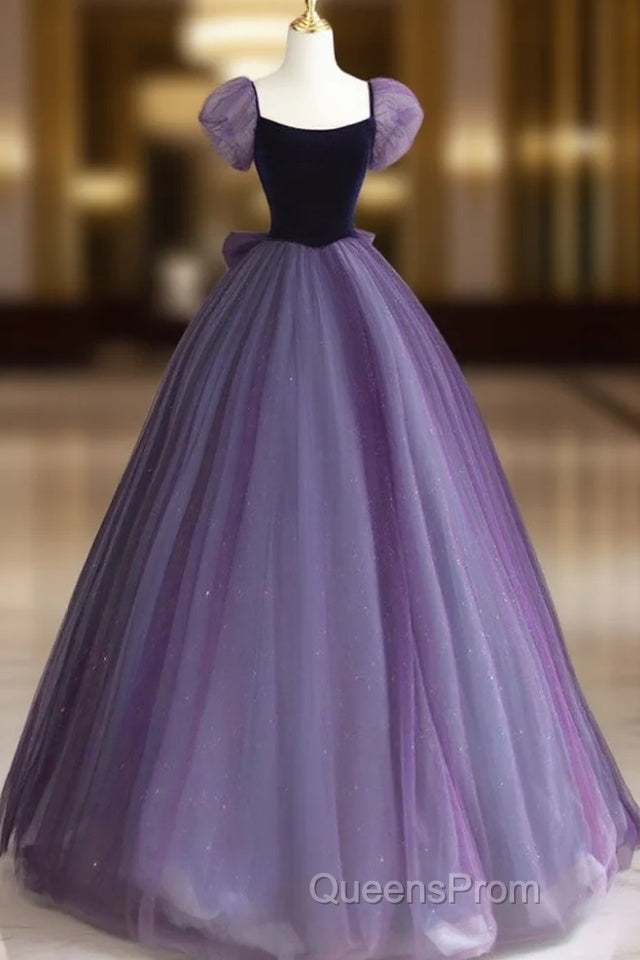 A-Line Puff Sleeves Tulle Velvet Purple Long Evening Prom Dress, Purple Long Formal Dress Main image