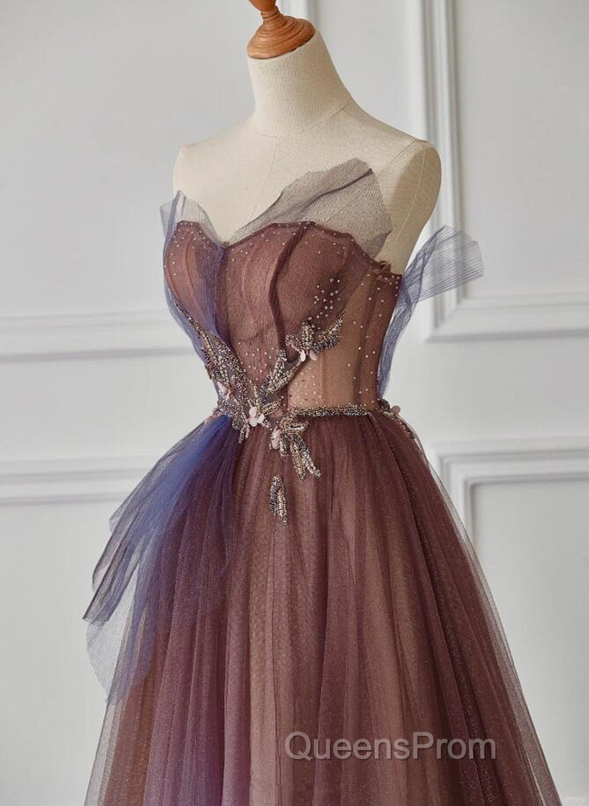 A-Line Purple Gradient Tulle Beaded Long Party Dress, Purple Tulle Evening Prom Dress Secondary image