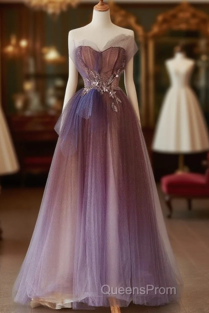 A-Line Purple Gradient Tulle Beaded Long Party Dress, Purple Tulle Evening Prom Dress Main image