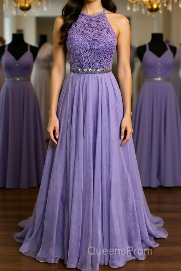 A Line Purple Lace Long Evening Prom Dress with Belt, Purple Lace Formal Dress, Purple Evening Dress, Bridesmaid Dress Main image