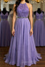 A Line Purple Lace Long Evening Prom Dress with Belt, Purple Lace Formal Dress, Purple Evening Dress, Bridesmaid Dress