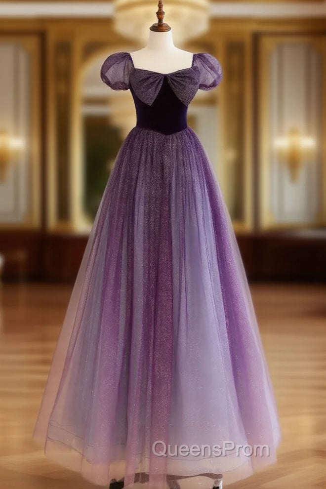 A-Line Purple Long Evening Prom Dress, Purple Tulle Evening Dress