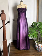 A-Line Purple Satin And Tulle Straps Long Party Dress, Purple Floor Length Classy Prom Dress