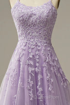 A-Line Purple Spaghetti Straps Long Evening Prom Dress With Appliques