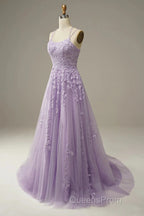 A-Line Purple Spaghetti Straps Long Evening Prom Dress With Appliques