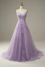 A-Line Purple Spaghetti Straps Long Evening Prom Dress With Appliques