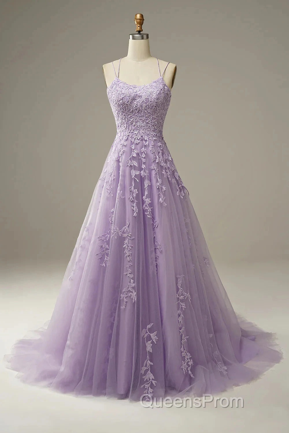 A-Line Purple Spaghetti Straps Long Evening Prom Dress With Appliques