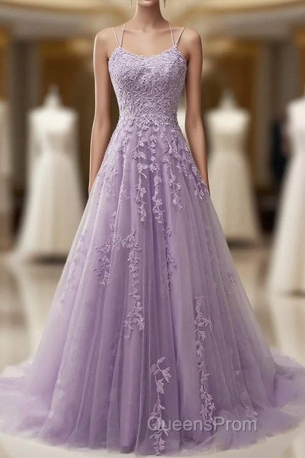 A-Line Purple Spaghetti Straps Long Evening Prom Dress With Appliques Main image
