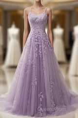 A-Line Purple Spaghetti Straps Long Evening Prom Dress With Appliques
