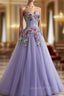 A-Line Purple Tulle Embroidery Appliques Sweetheart Neck Evening Prom Dress