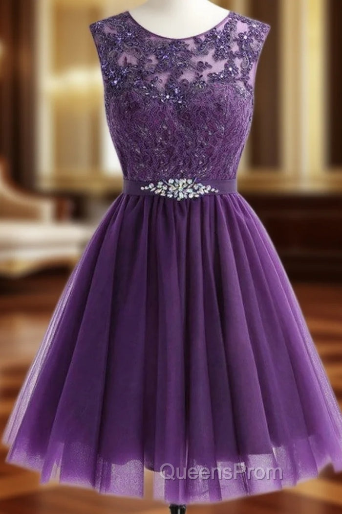 A-Line Purple Tulle Lace Apliques Beading Homecoming Dress Main image