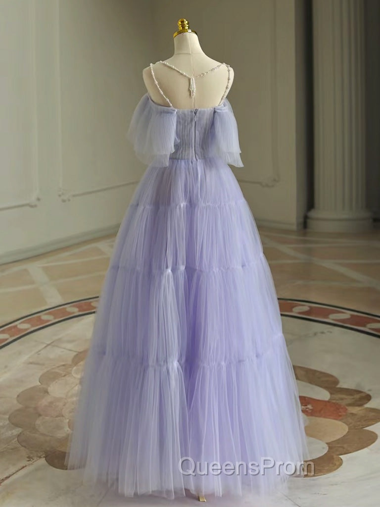 A-Line  Purple Tulle Purple Long Evening Prom Dress, Purple Long Evening Dress