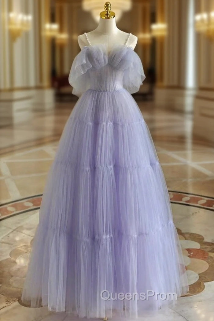 A-Line  Purple Tulle Purple Long Evening Prom Dress, Purple Long Evening Dress