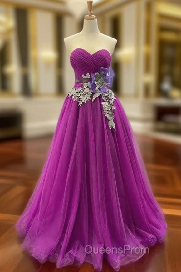 A-Line Purple Tulle Sweetheart Pleats Evening Prom Dress