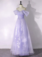 A-line Purple Tulle with Lace Off Shoulder Evening Dress, Purple Tulle Evening Prom Dress