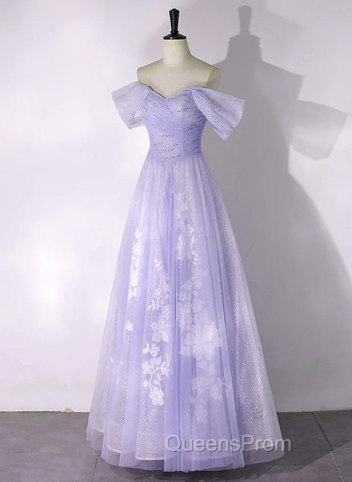 A-line Purple Tulle with Lace Off Shoulder Evening Dress, Purple Tulle Evening Prom Dress