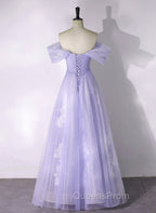 A-line Purple Tulle with Lace Off Shoulder Evening Dress, Purple Tulle Evening Prom Dress