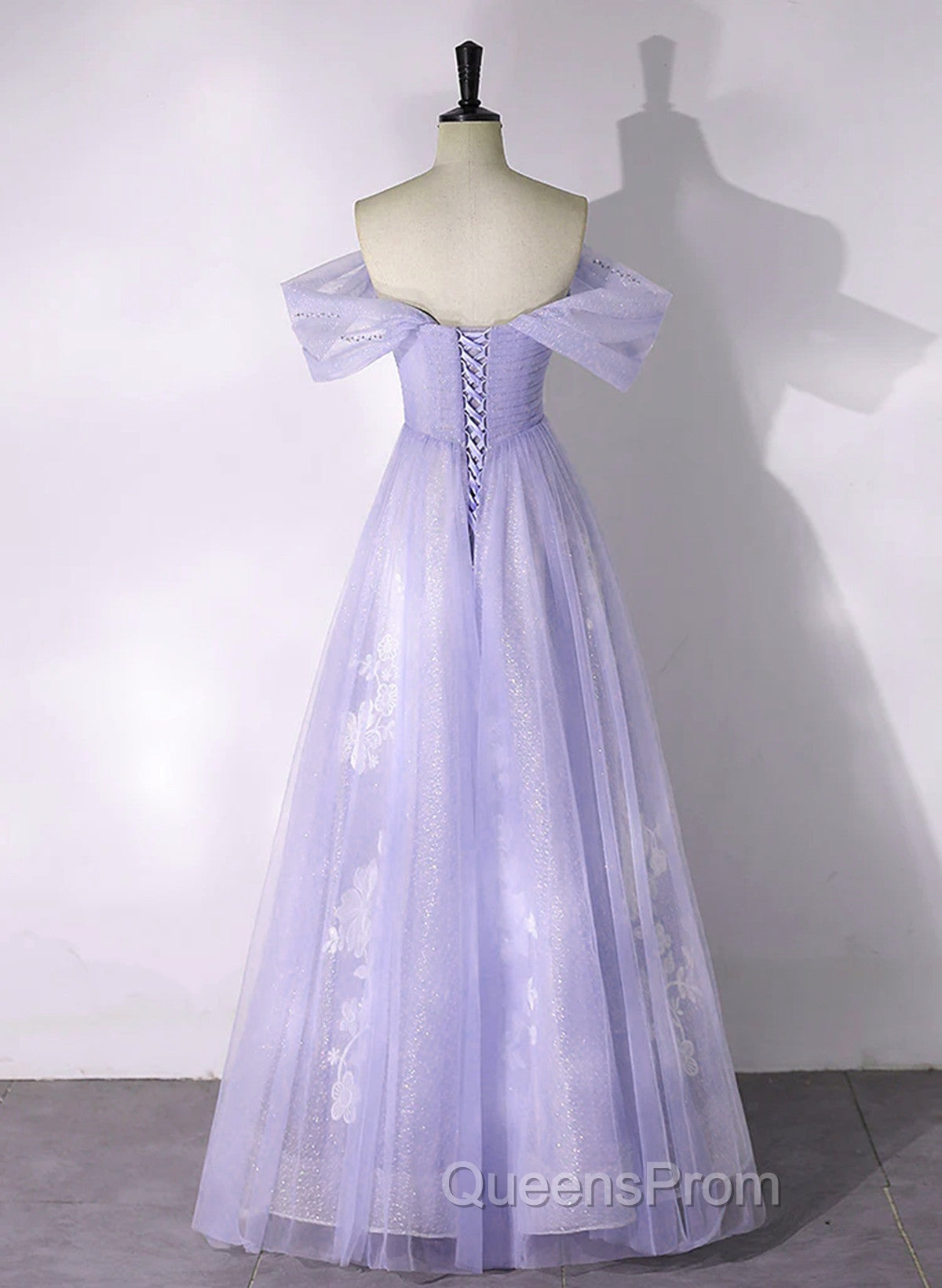 A-line Purple Tulle with Lace Off Shoulder Evening Dress, Purple Tulle Evening Prom Dress