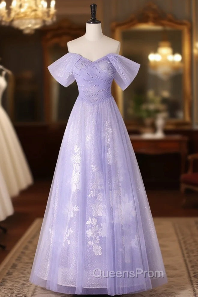 A-line Purple Tulle with Lace Off Shoulder Evening Dress, Purple Tulle Evening Prom Dress