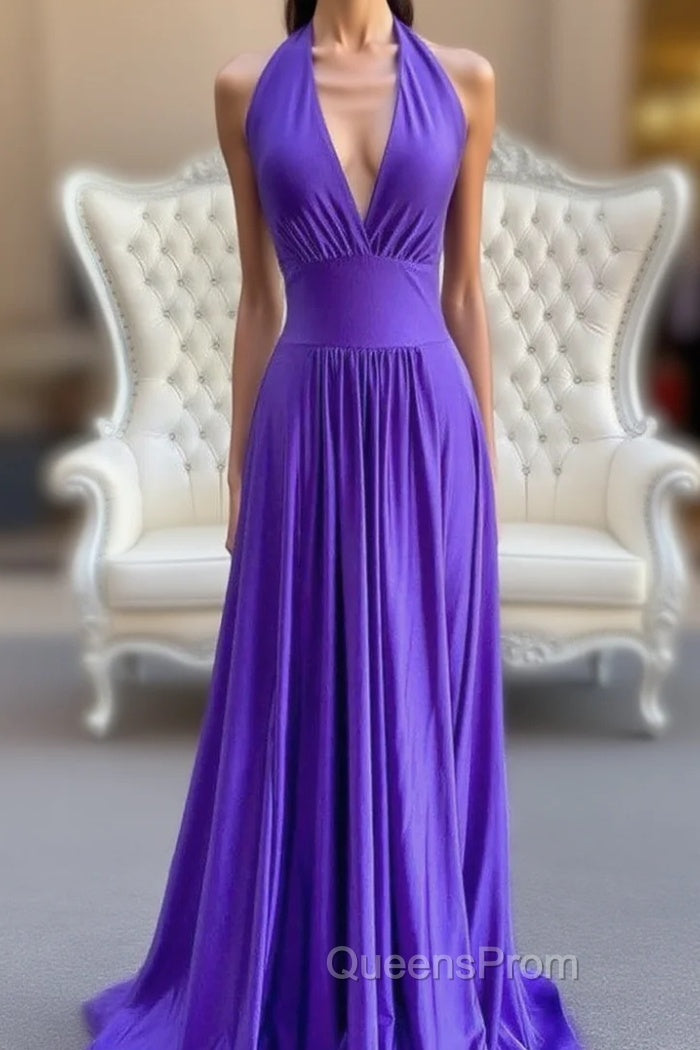 A-Line Purple V-neck Backless Evening Prom Dress