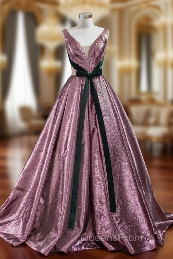 A-Line Purple V-neck Pleats Long Evening Prom Dress With Green Velvet