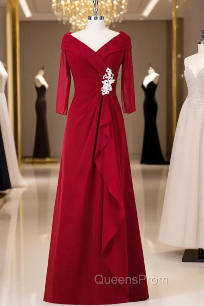 A Line Red Full Sleeve V-Neck Long Mother of the Bride Dresss Main image