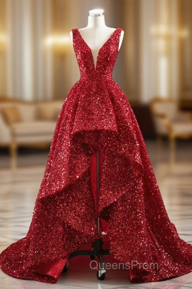 A-line Red  Sequins V-neck Evening Prom Dress