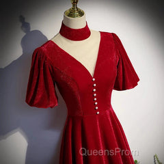 A-Line Red High Neckline Velvet Long Party Dress Short Sleeves Velvet Evening Prom Dress
