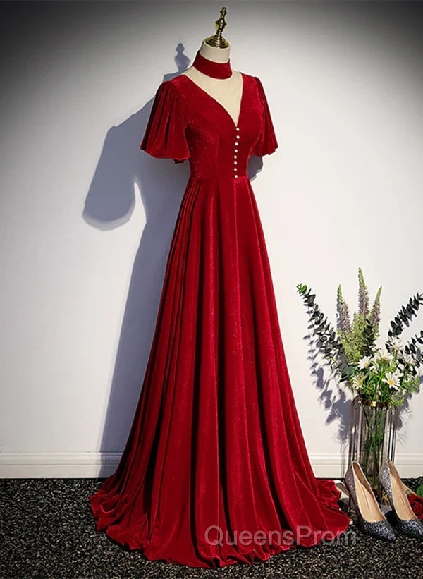 A-Line Red High Neckline Velvet Long Party Dress Short Sleeves Velvet Evening Prom Dress
