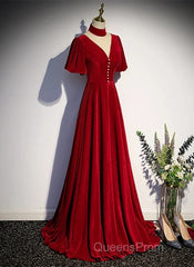 A-Line Red High Neckline Velvet Long Party Dress Short Sleeves Velvet Evening Prom Dress