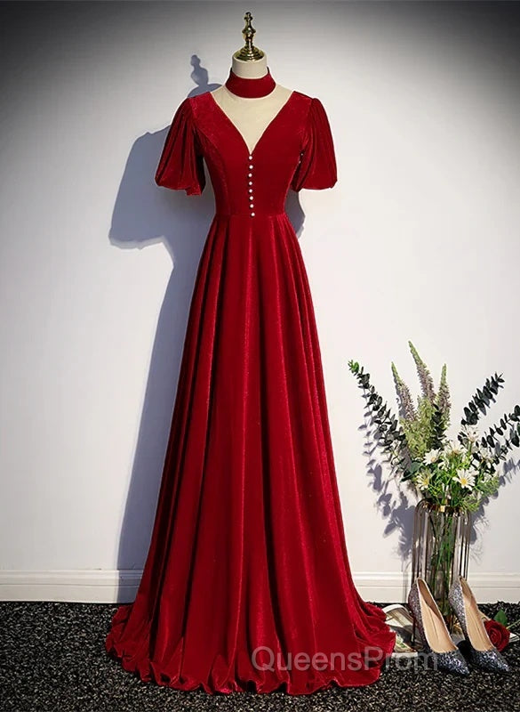 A-Line Red High Neckline Velvet Long Party Dress Short Sleeves Velvet Evening Prom Dress