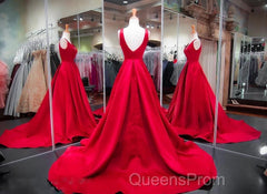 A Line Red Evening Prom Dress V Neck Satin Long Evening Dress